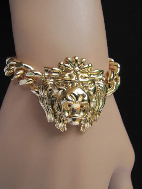 Gold Metal Thick Light Chains Bracelet Big Lion Head Trendy
