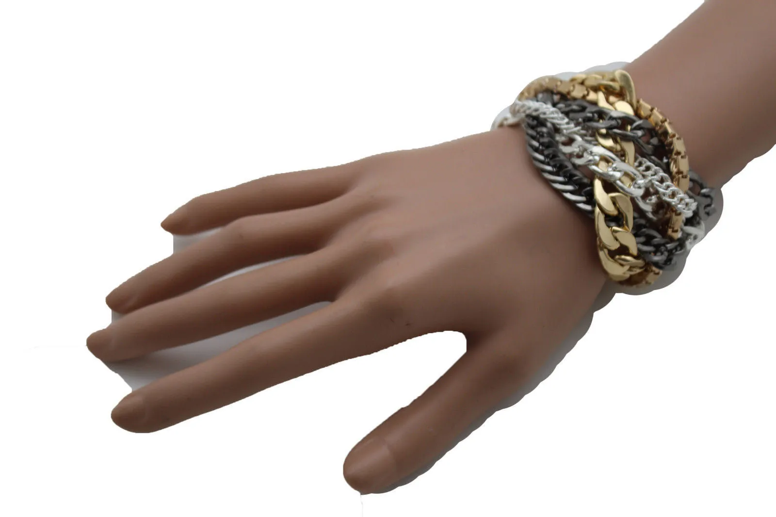 Gold Metal Wide Bracelet Retro Style Silver Pewter Gunmetal Chains Links
