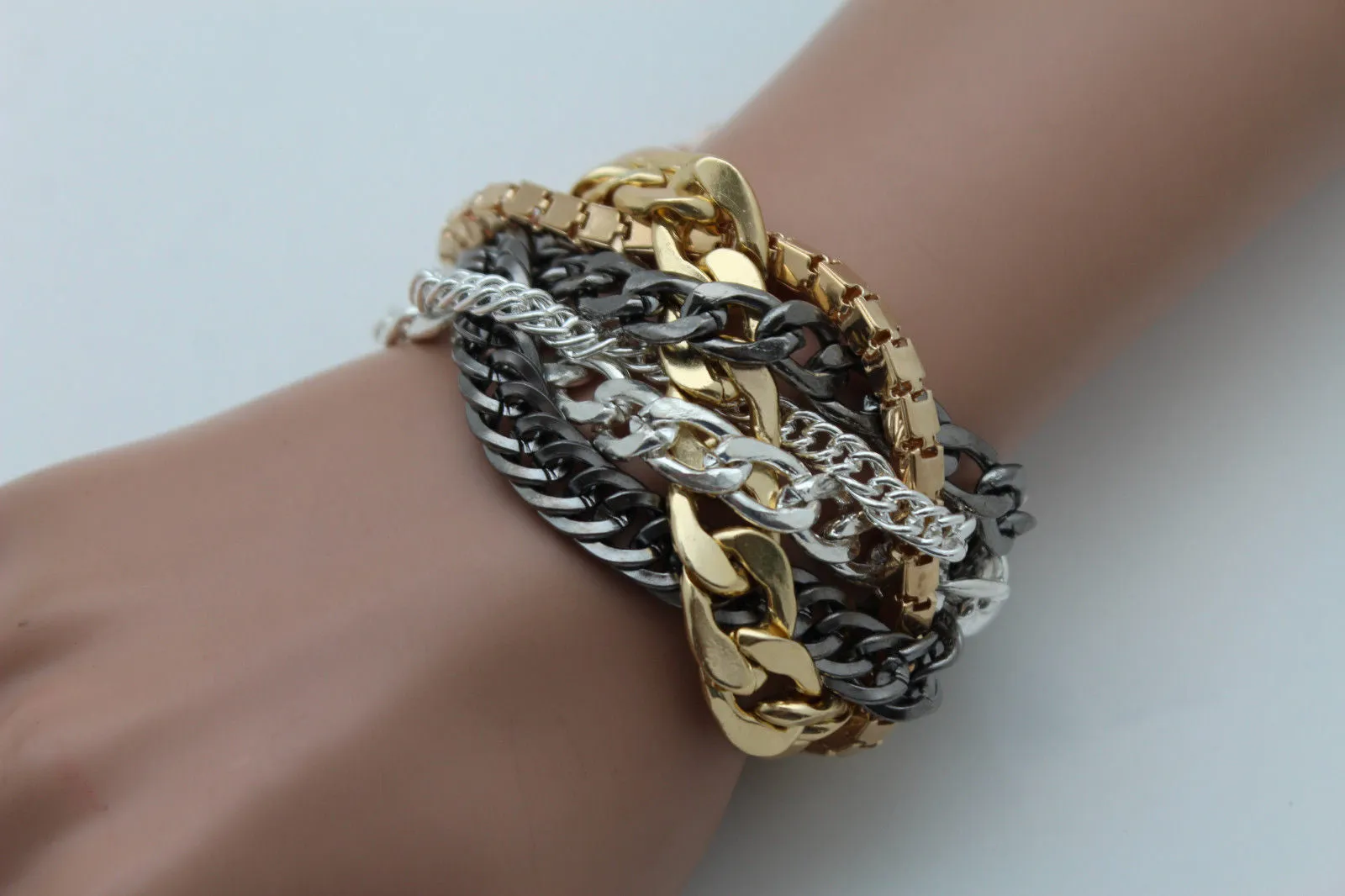 Gold Metal Wide Bracelet Retro Style Silver Pewter Gunmetal Chains Links
