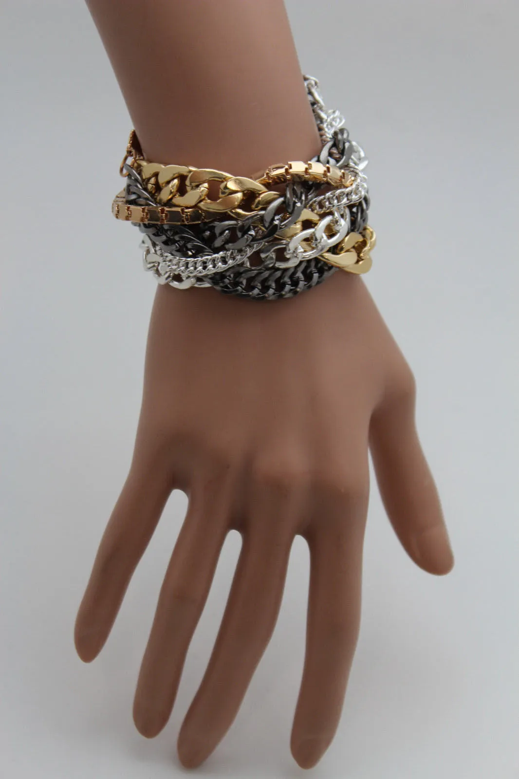 Gold Metal Wide Bracelet Retro Style Silver Pewter Gunmetal Chains Links