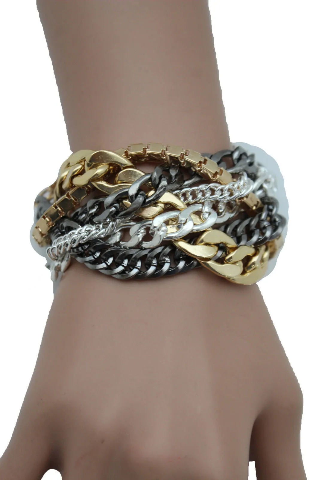 Gold Metal Wide Bracelet Retro Style Silver Pewter Gunmetal Chains Links