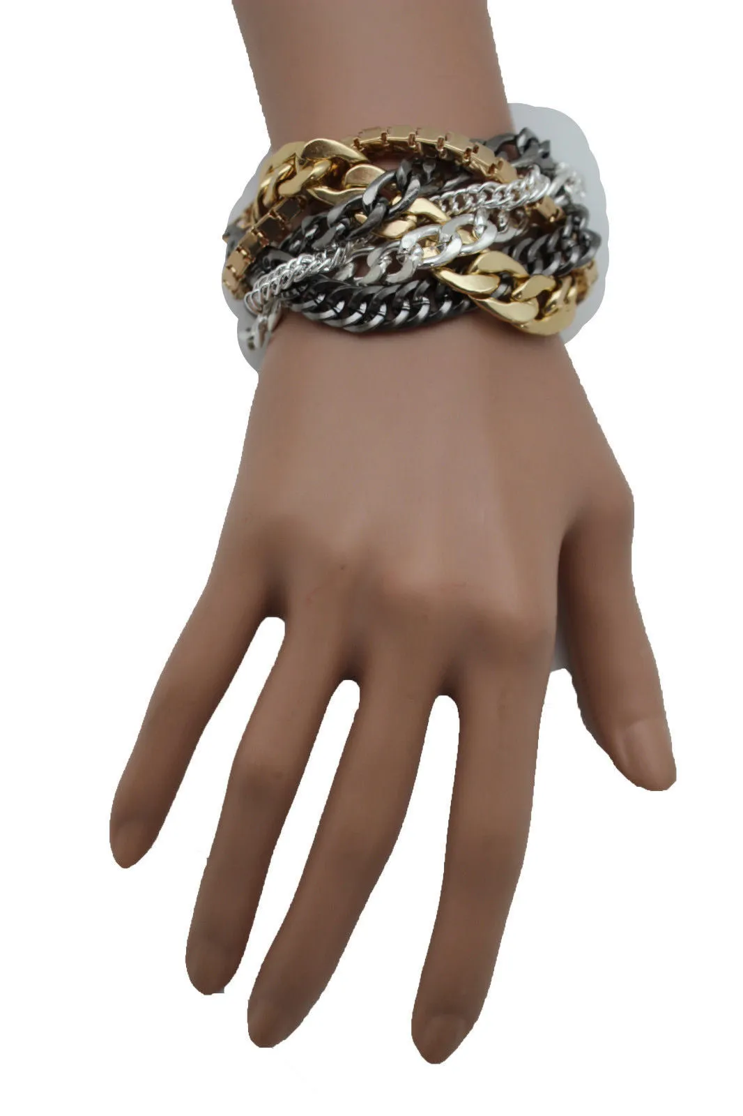Gold Metal Wide Bracelet Retro Style Silver Pewter Gunmetal Chains Links