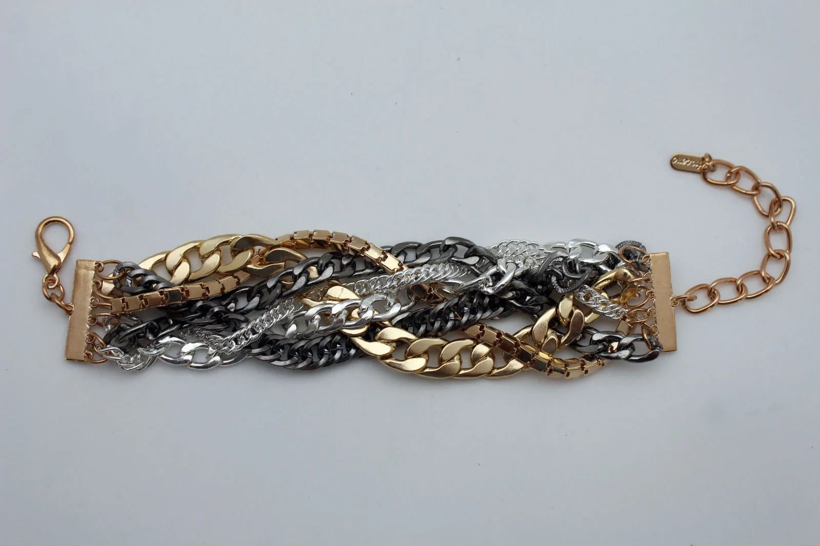 Gold Metal Wide Bracelet Retro Style Silver Pewter Gunmetal Chains Links