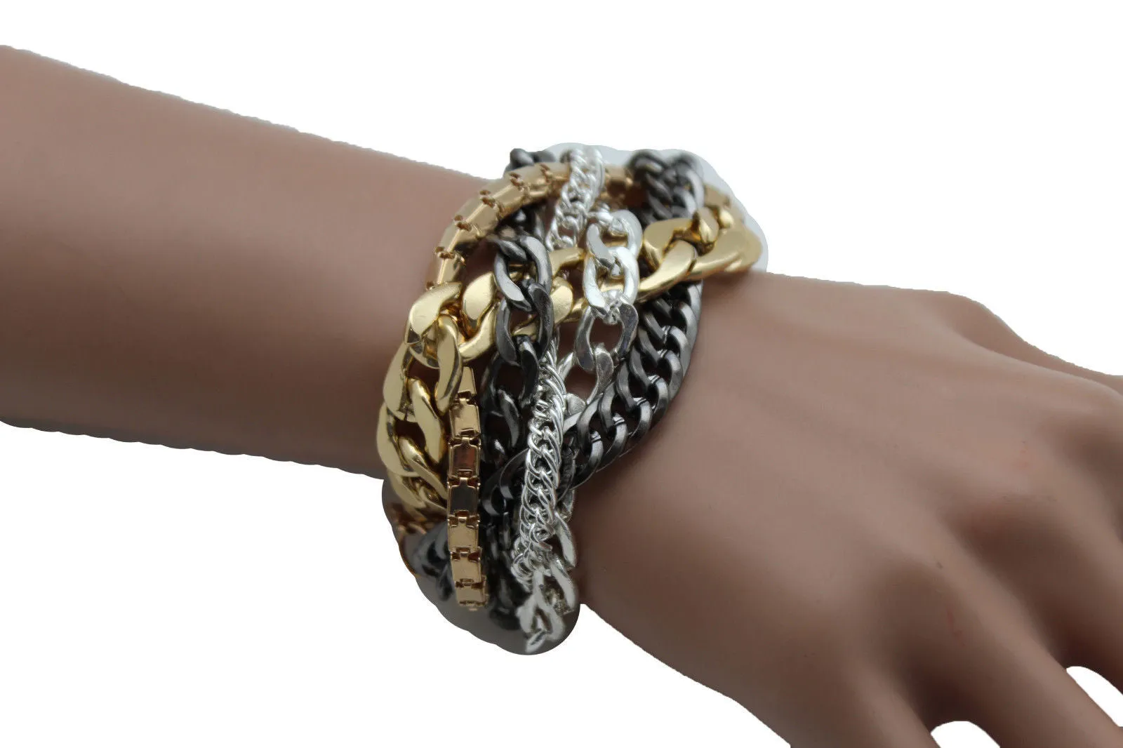 Gold Metal Wide Bracelet Retro Style Silver Pewter Gunmetal Chains Links