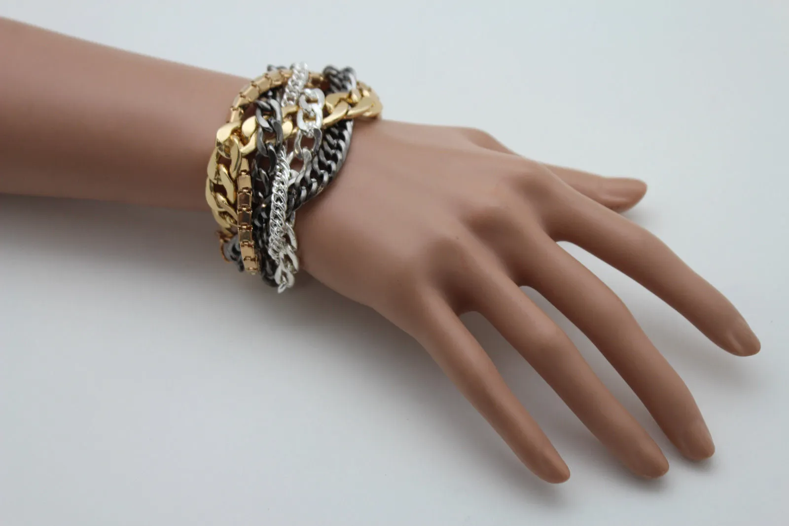 Gold Metal Wide Bracelet Retro Style Silver Pewter Gunmetal Chains Links