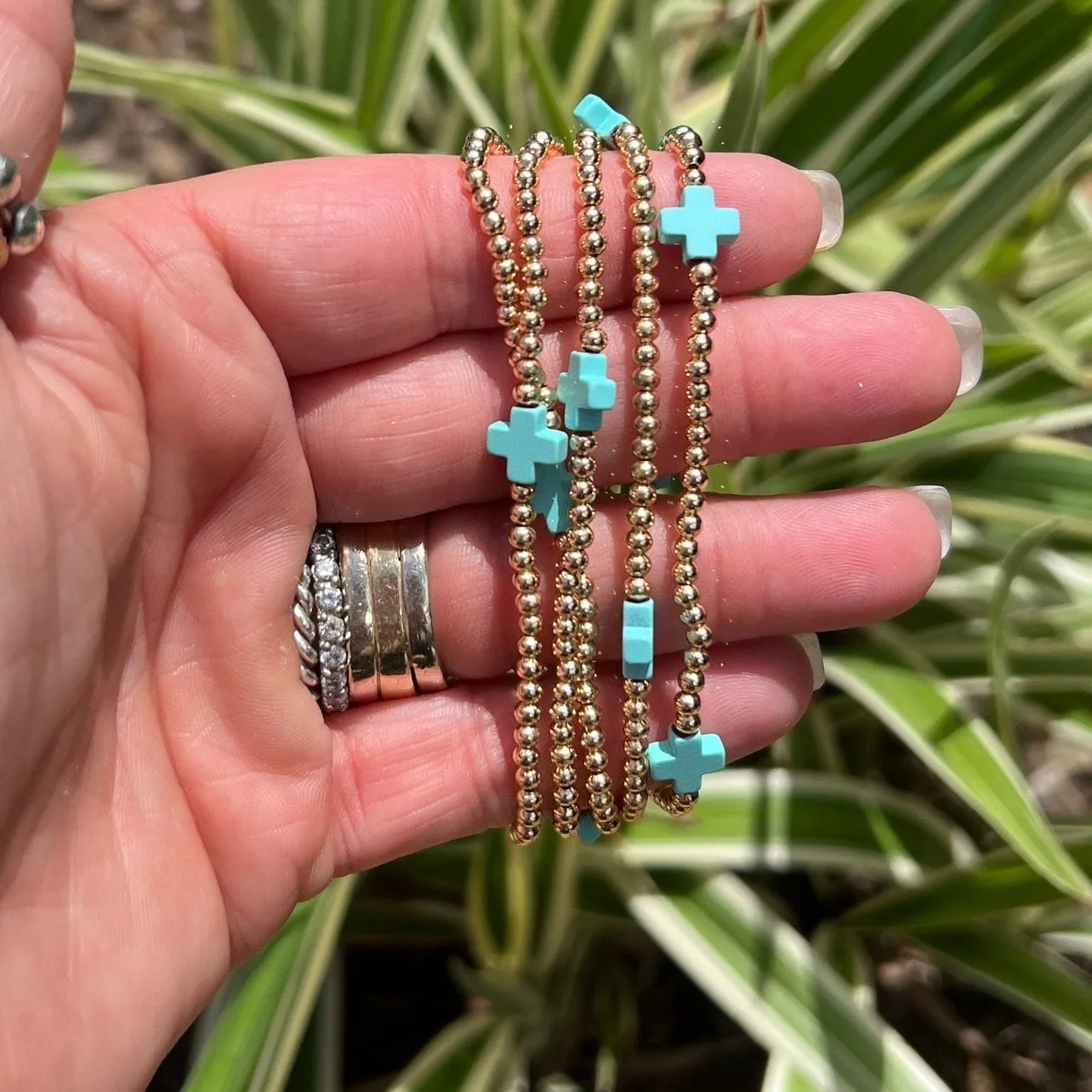 Gold with Turquoise Cross Stretch Bracelet