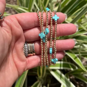 Gold with Turquoise Cross Stretch Bracelet