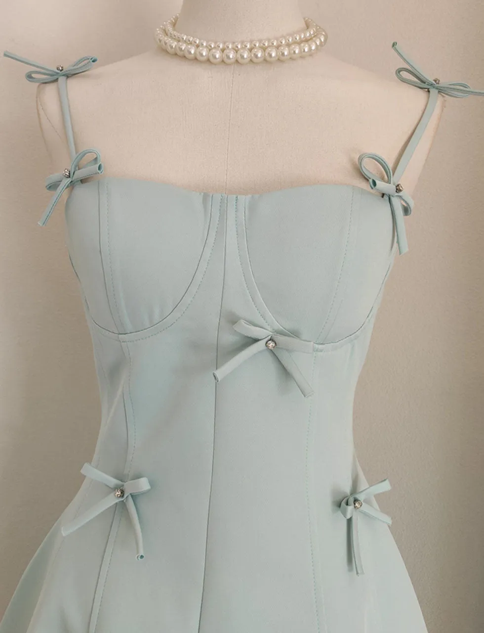 Green Bow Spaghetti Strap Tube Gown Party Dress