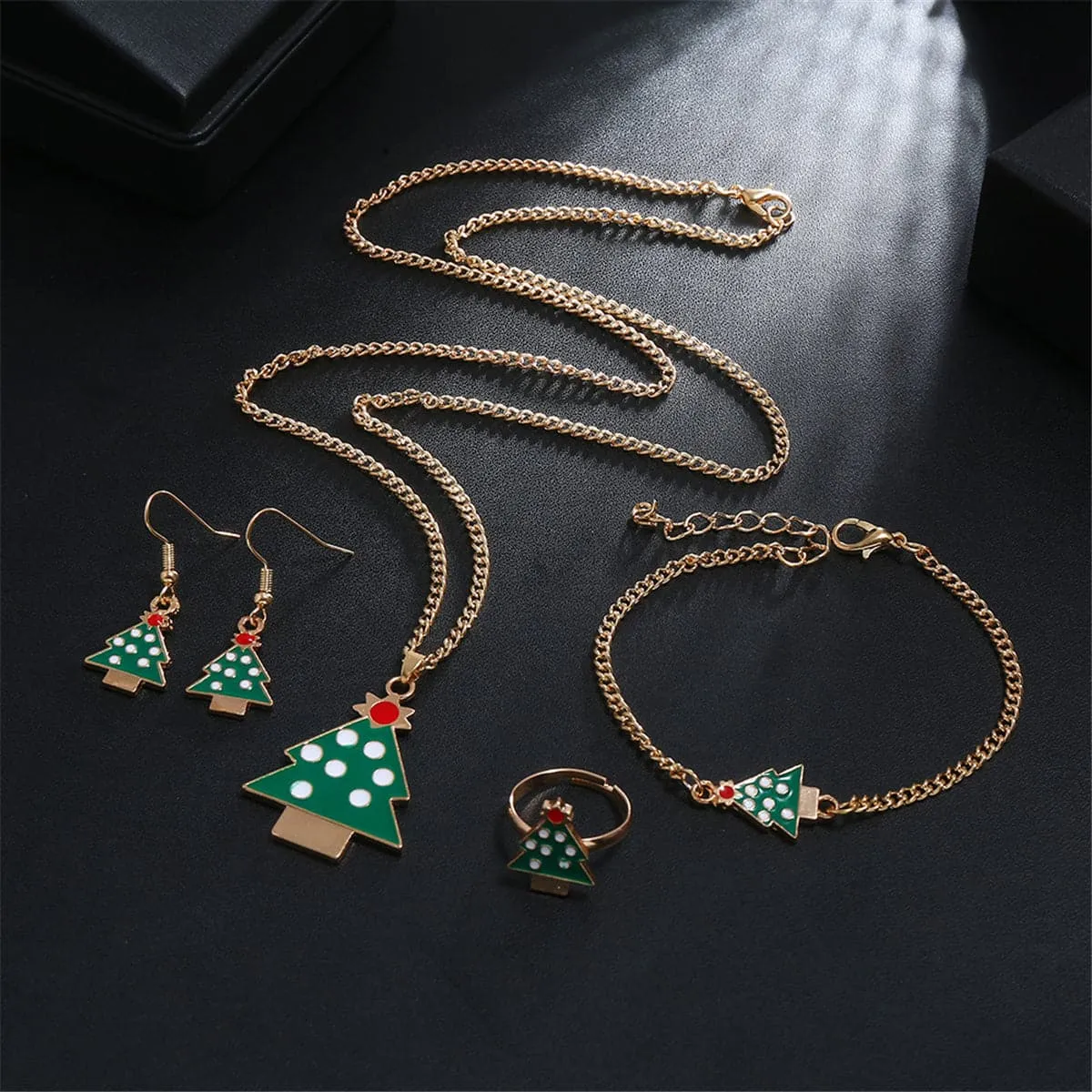 Green Enamel & 18K Gold-Plated Christmas Tree Jewelry Set