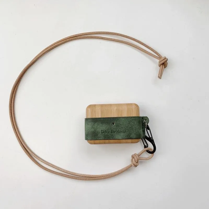 Green Wood Leather AirPods Pro Case with Strap Leather AirPods Case Airpod Case Cover