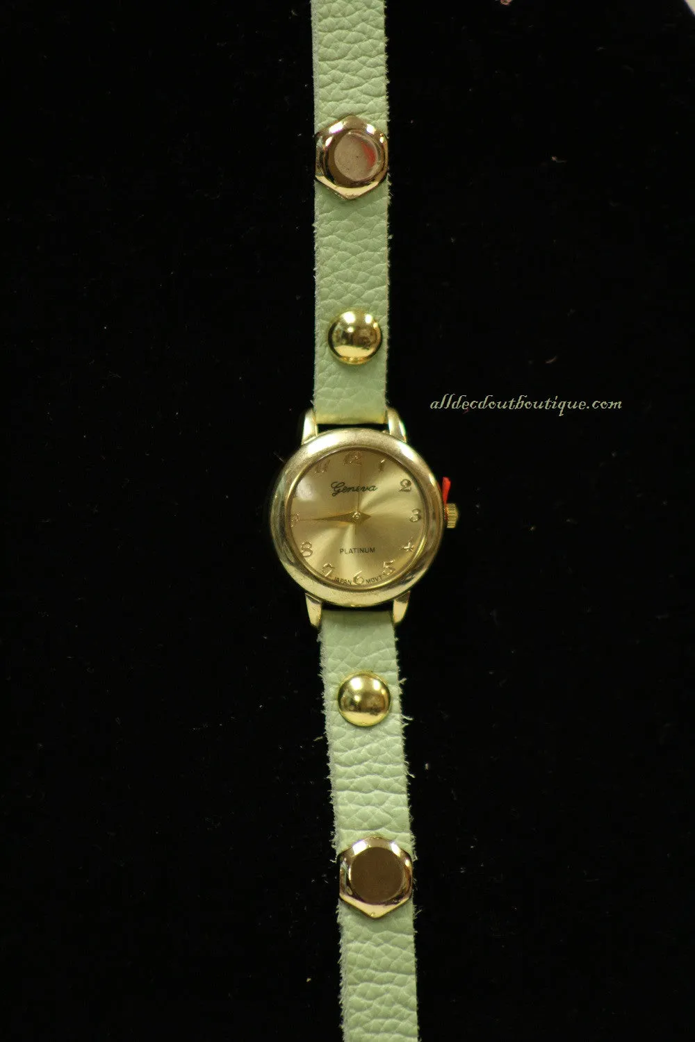 Green/Gold, Gold & Silver Studs, Metal Chain Links | Leather Band w/ Fold Over Clasp
