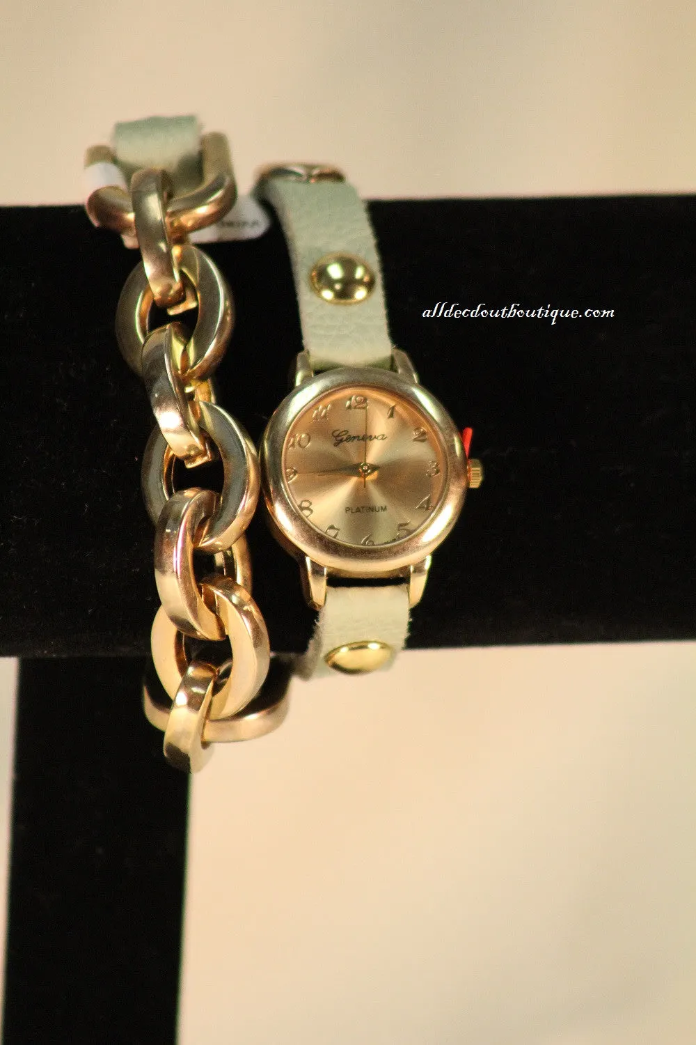 Green/Gold, Gold & Silver Studs, Metal Chain Links | Leather Band w/ Fold Over Clasp