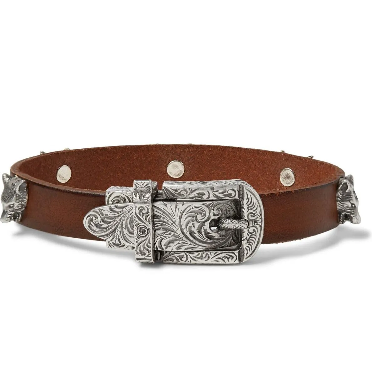Gucci Anger Forest Wolf Head Leather Bracelet in Brown