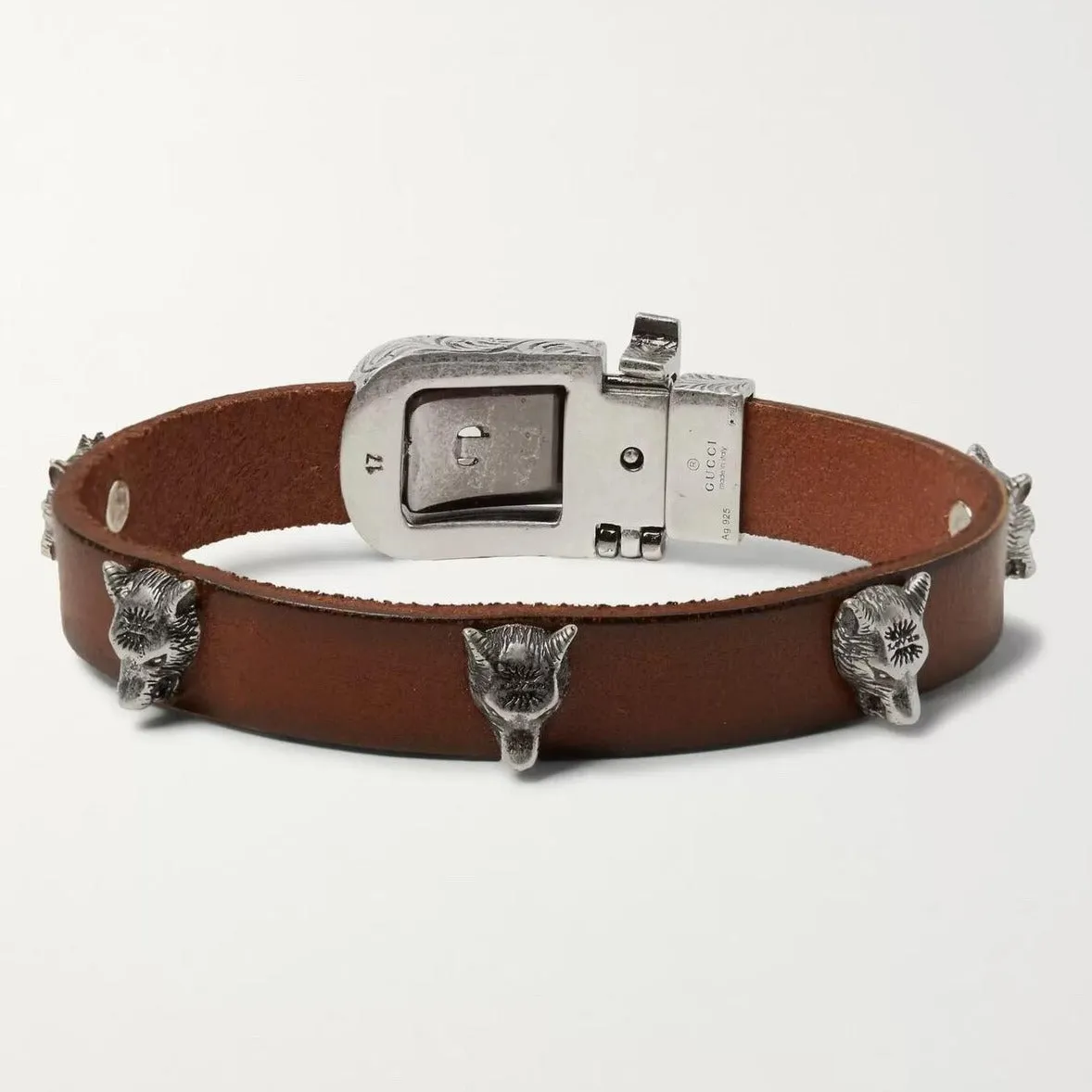 Gucci Anger Forest Wolf Head Leather Bracelet in Brown
