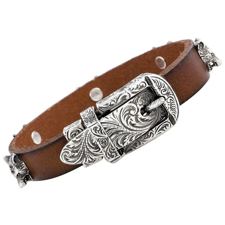 Gucci Anger Forest Wolf Head Leather Bracelet in Brown