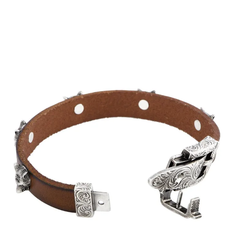 Gucci Anger Forest Wolf Head Leather Bracelet in Brown