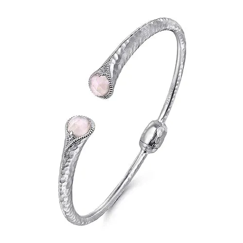 Hammered 925 Sterling Silver Rock Crystal and Pink Mother of Pearl Hinged Cuff