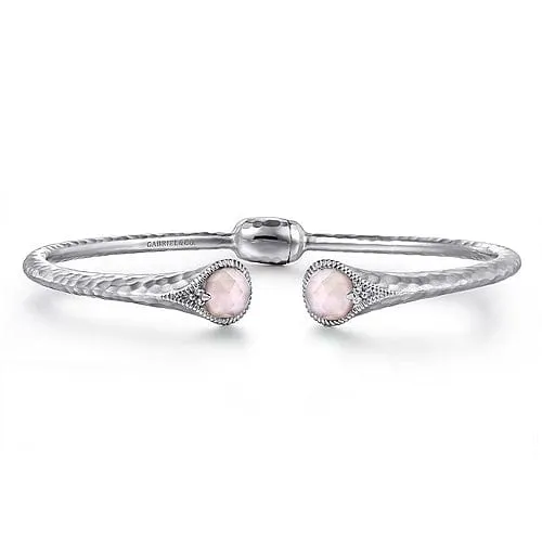 Hammered 925 Sterling Silver Rock Crystal and Pink Mother of Pearl Hinged Cuff