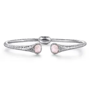 Hammered 925 Sterling Silver Rock Crystal and Pink Mother of Pearl Hinged Cuff