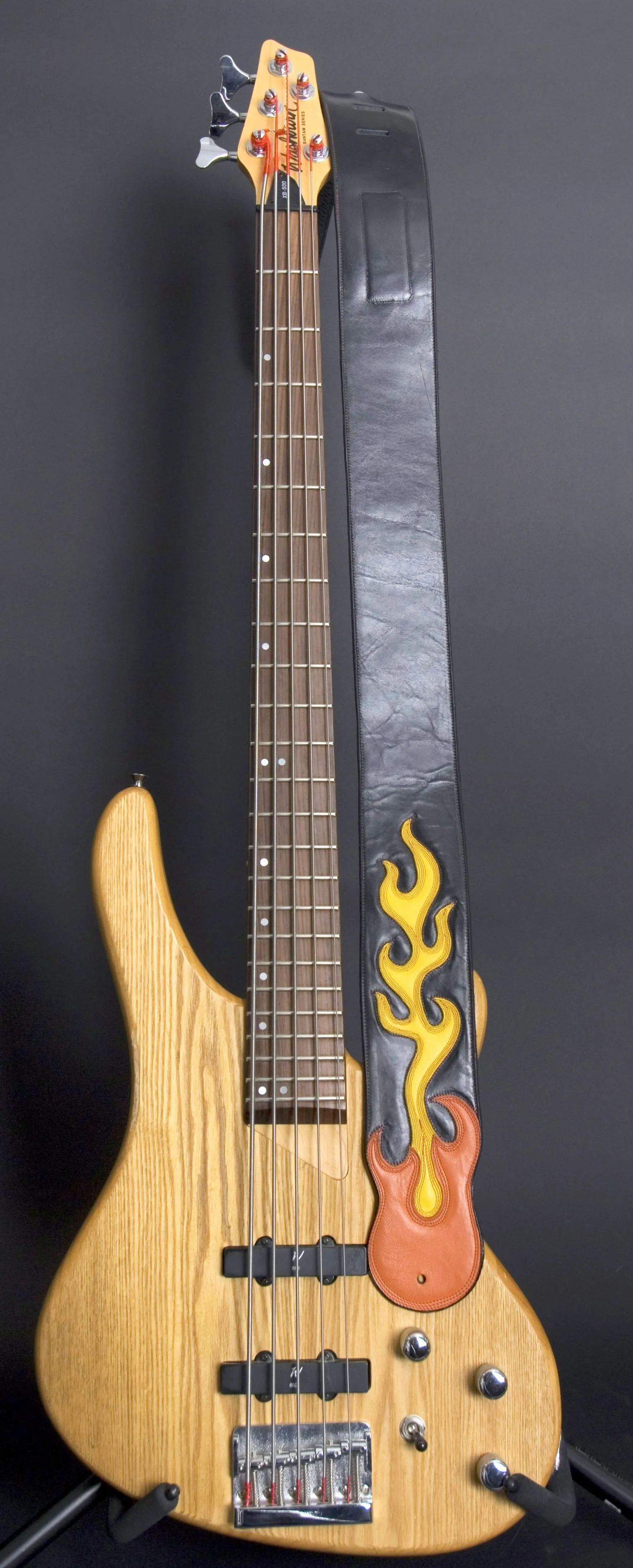 Handmade Black Leather Guitar Strap with Flames