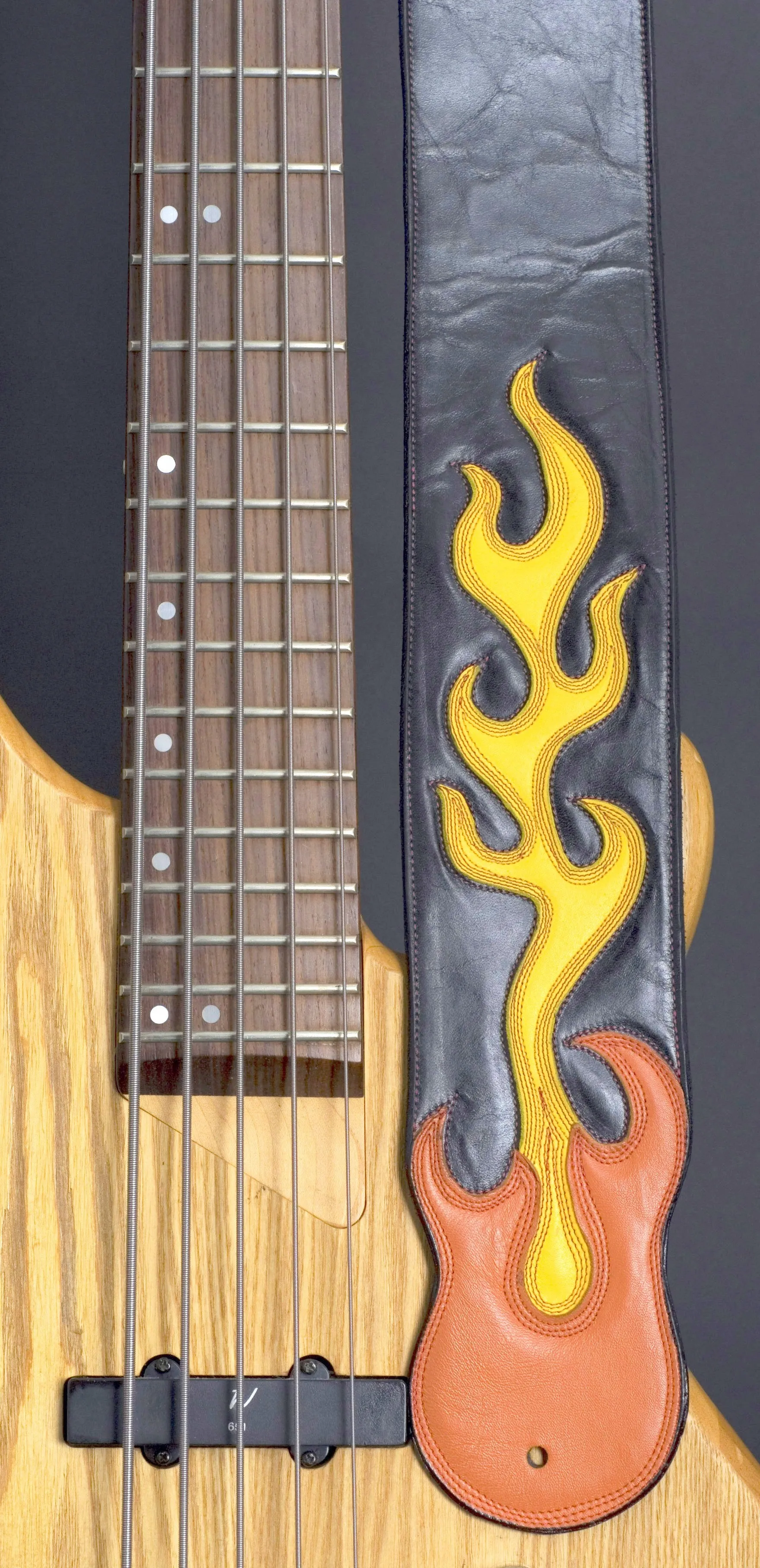 Handmade Black Leather Guitar Strap with Flames