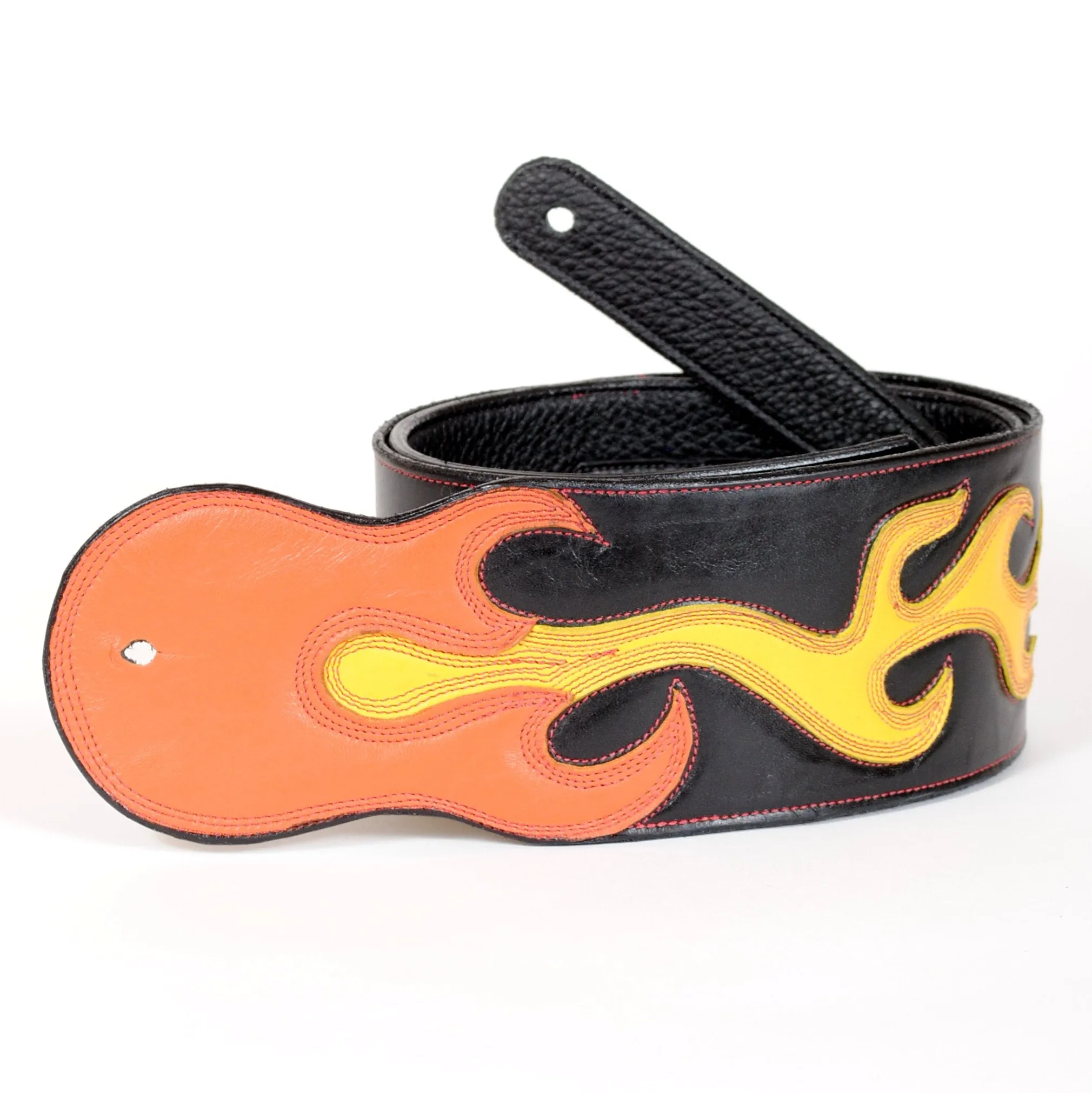 Handmade Black Leather Guitar Strap with Flames