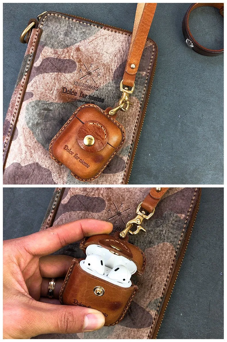 Handmade Brown Leather AirPods 1,2 Cases with Wristlet Strap Leather AirPods Cases Airpod Case Cover