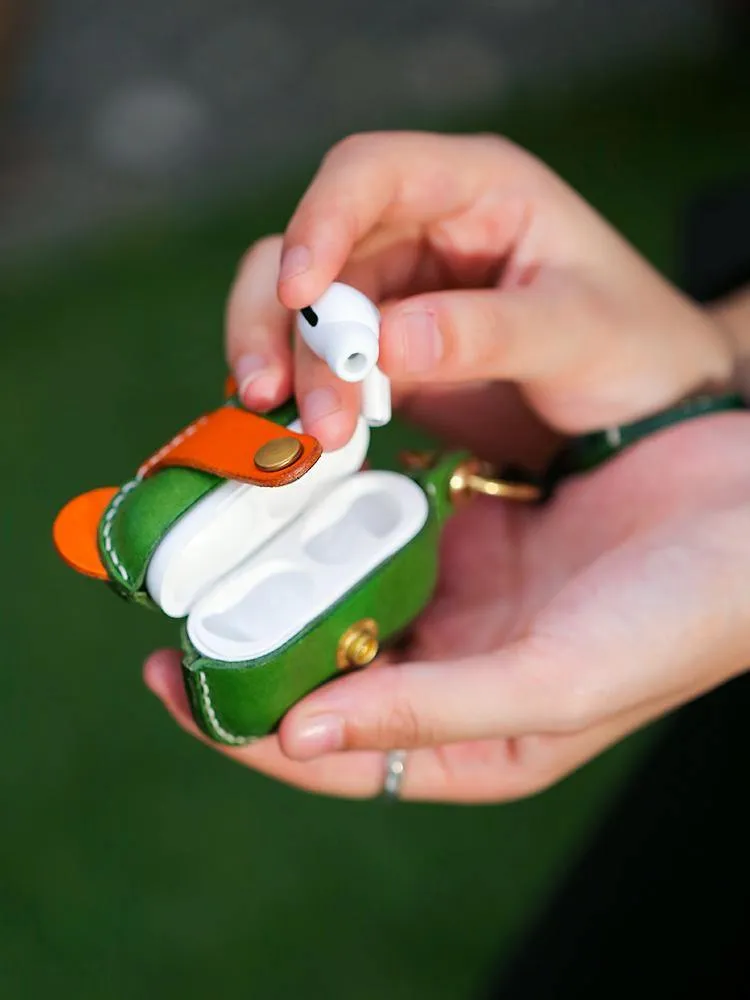 Handmade Green Leather AirPods 1&2 Case with Wristlet Strap Custom Leather AirPods 1&2 Case Airpod Case Cover