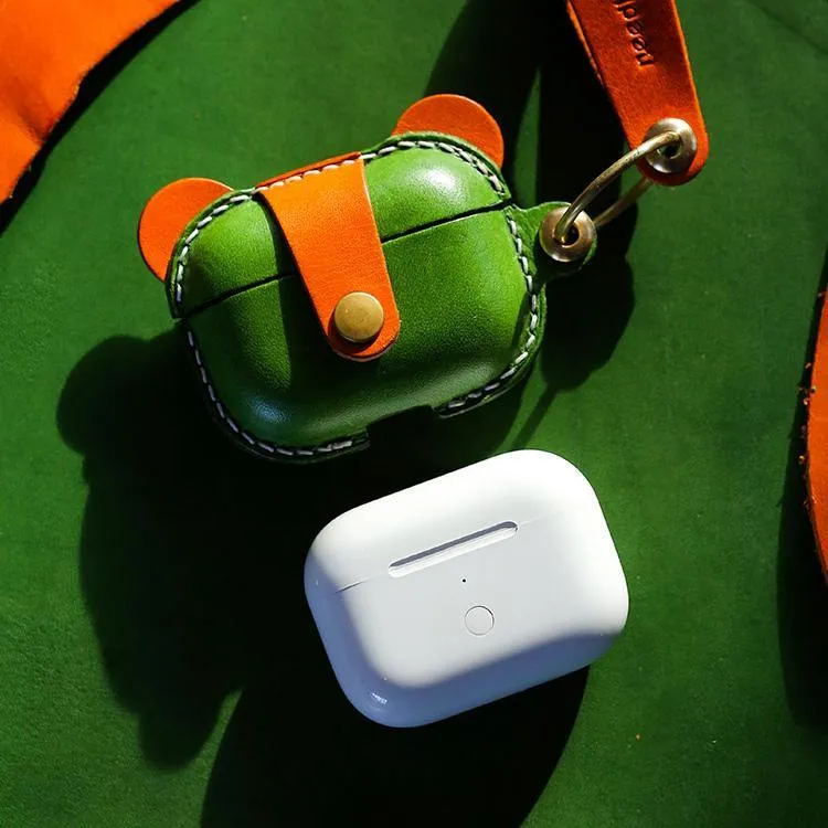 Handmade Green Leather AirPods 1&2 Case with Wristlet Strap Custom Leather AirPods 1&2 Case Airpod Case Cover