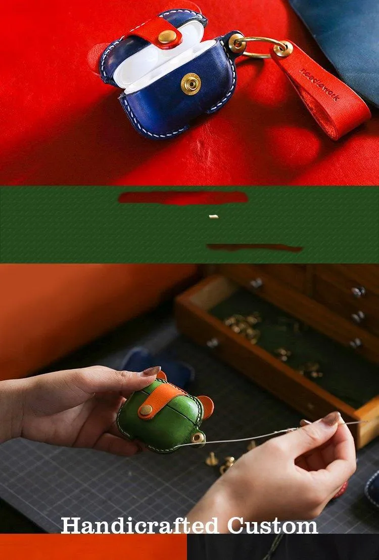 Handmade Green Leather AirPods 1&2 Case with Wristlet Strap Custom Leather AirPods 1&2 Case Airpod Case Cover
