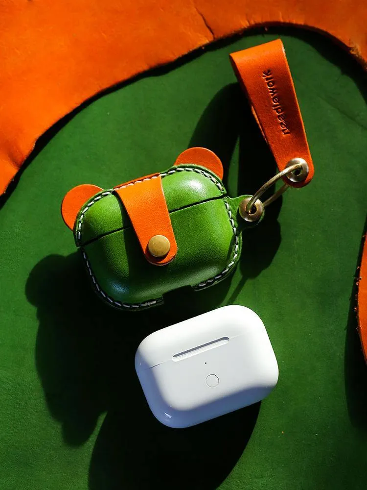 Handmade Green Leather AirPods 1&2 Case with Wristlet Strap Custom Leather AirPods 1&2 Case Airpod Case Cover