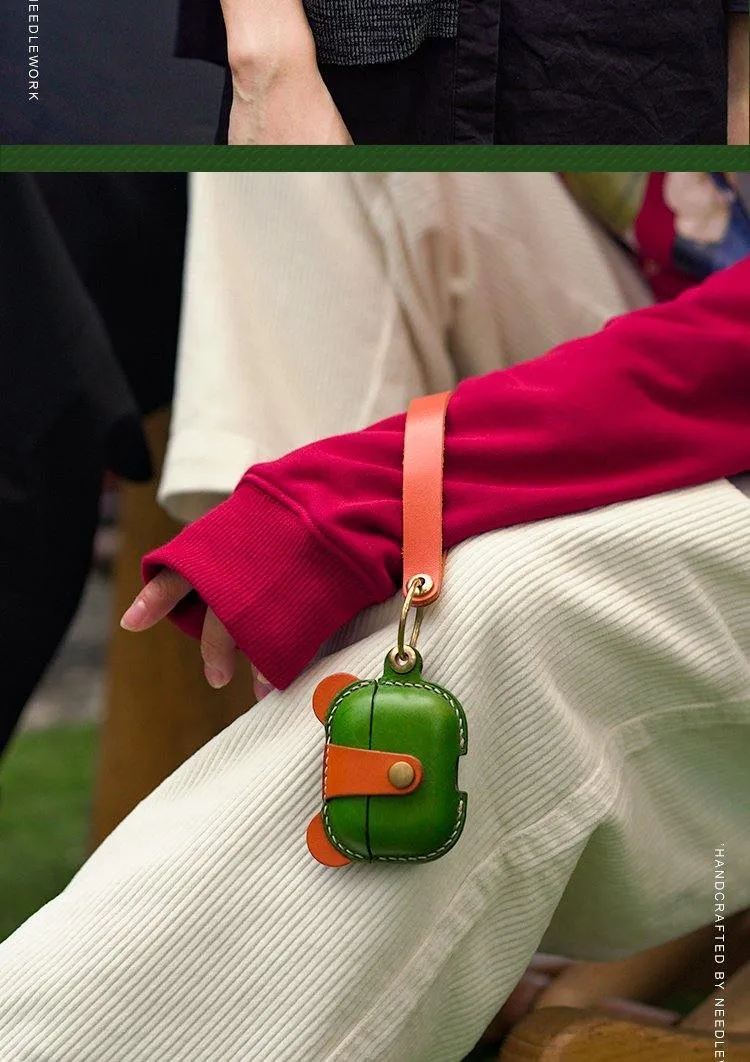 Handmade Green Leather AirPods 1&2 Case with Wristlet Strap Custom Leather AirPods 1&2 Case Airpod Case Cover