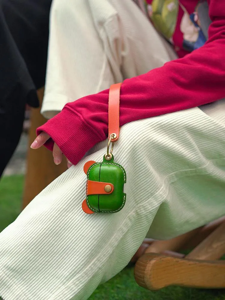 Handmade Green Leather AirPods 1&2 Case with Wristlet Strap Custom Leather AirPods 1&2 Case Airpod Case Cover