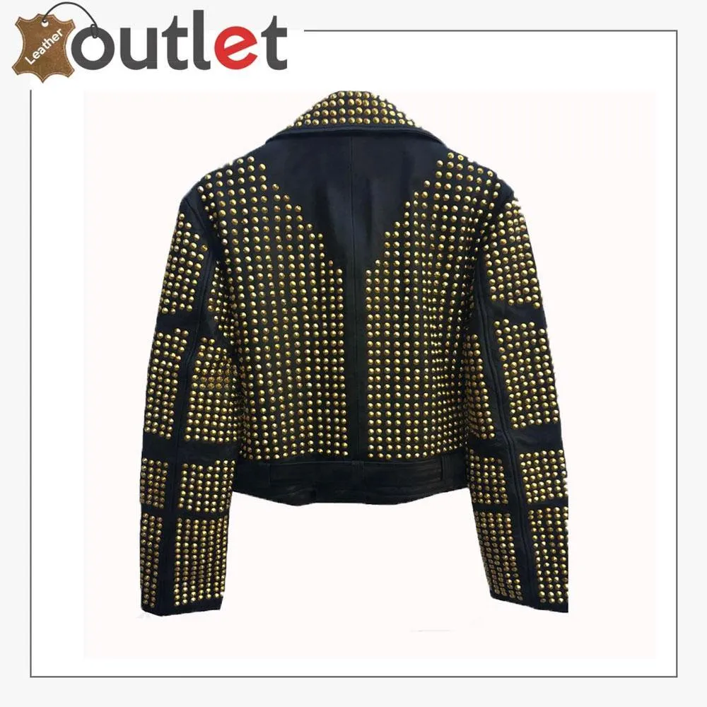 Handmade Womens Black Fashion Golden Studded Punk Style Leather Jacket