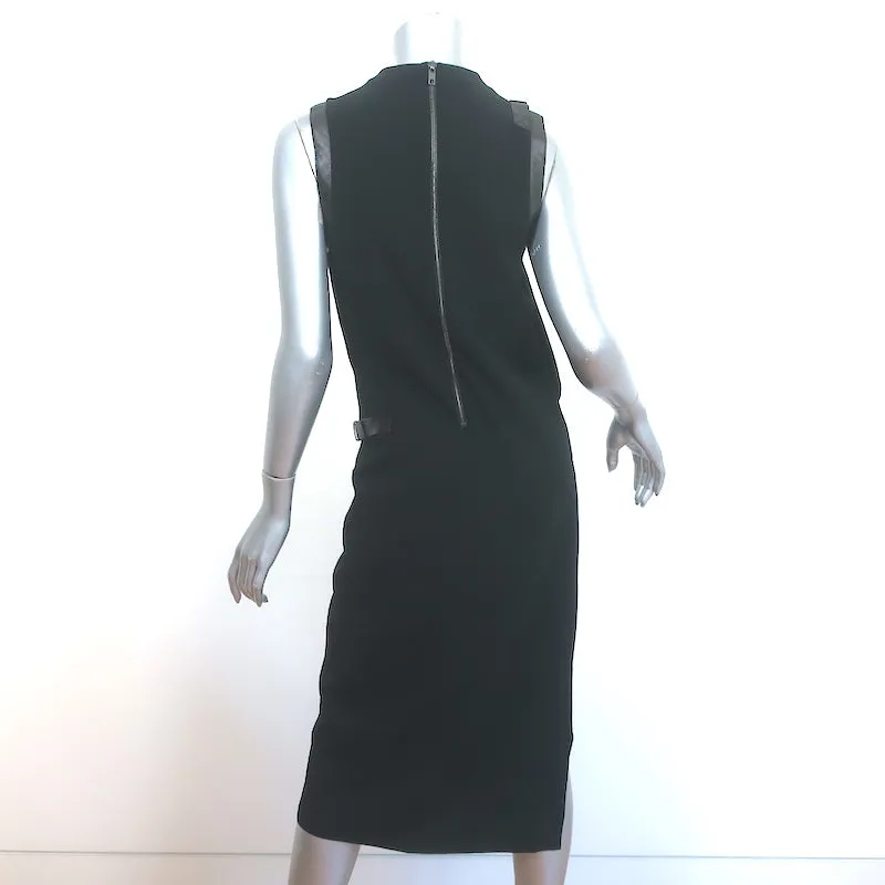 Helmut Lang Asymmetric Draped Dress Black Leather-Trim Wool Blend Size 2