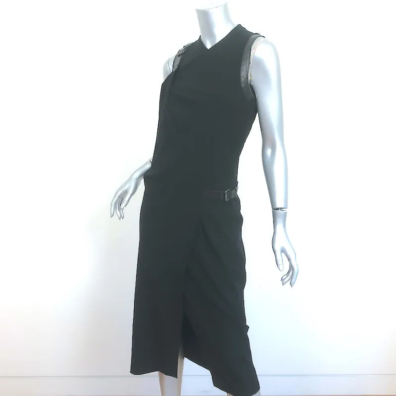 Helmut Lang Asymmetric Draped Dress Black Leather-Trim Wool Blend Size 2