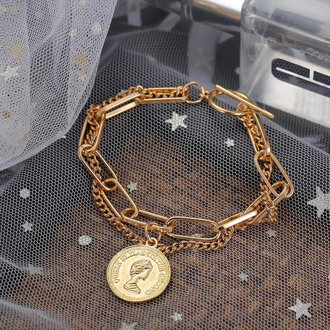 Hip Hop Cuban Multistrand Coin Charm Bracelet