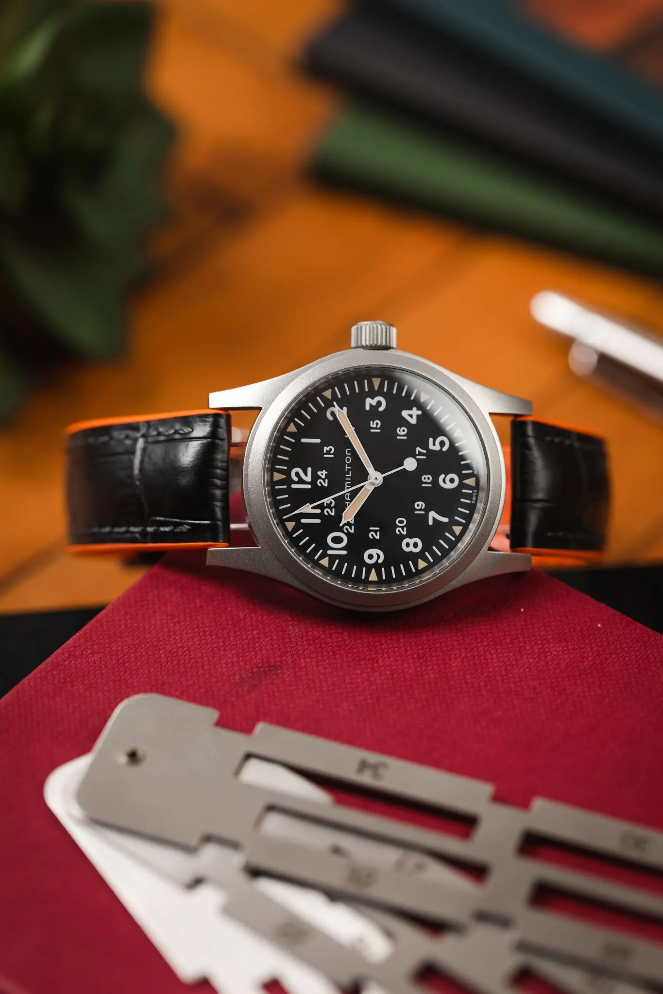 Hirsch ANDY Alligator Embossed Performance Watch Strap in BLACK /ORANGE