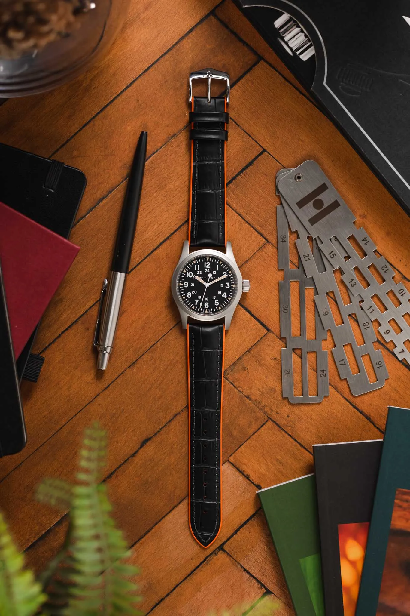 Hirsch ANDY Alligator Embossed Performance Watch Strap in BLACK /ORANGE