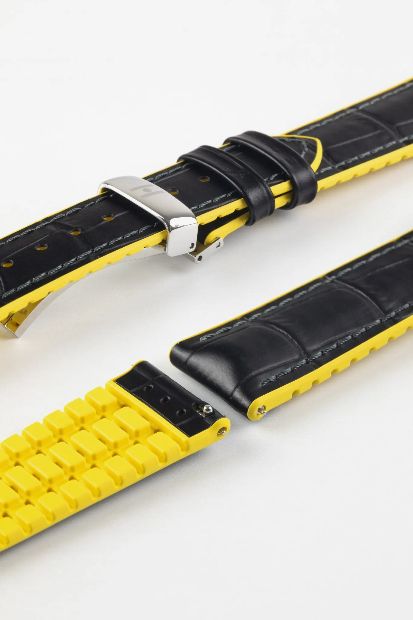 Hirsch ANDY Alligator Embossed Performance Watch Strap in BLACK / YELLOW