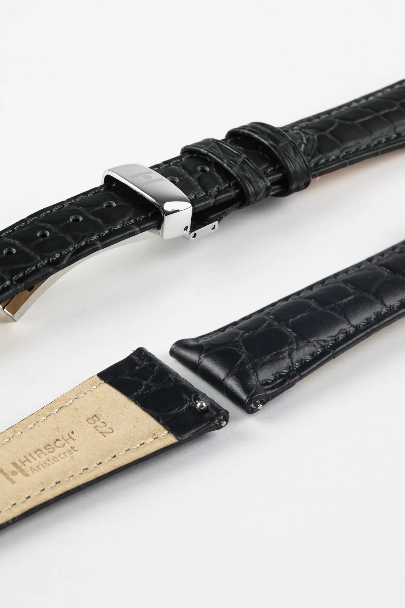 Hirsch ARISTOCRAT Croco-Embossed Leather Watch Strap in BLACK