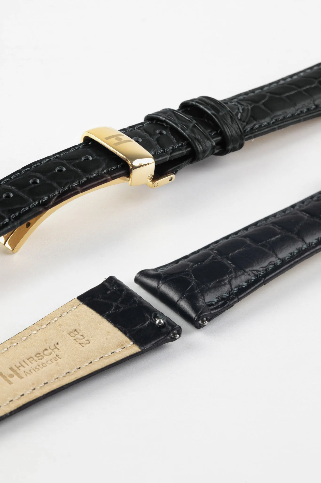 Hirsch ARISTOCRAT Croco-Embossed Leather Watch Strap in BLACK