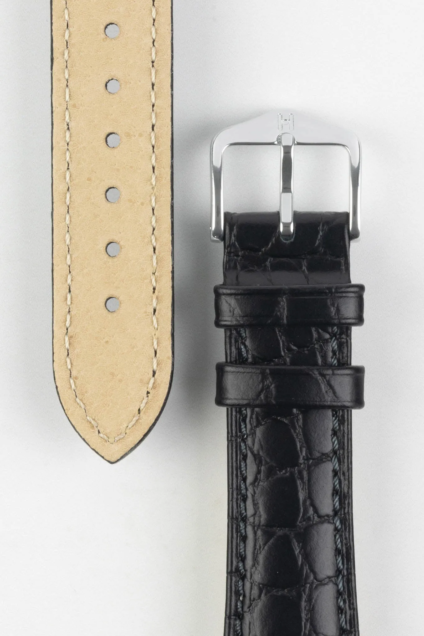 Hirsch ARISTOCRAT Croco-Embossed Leather Watch Strap in BLACK
