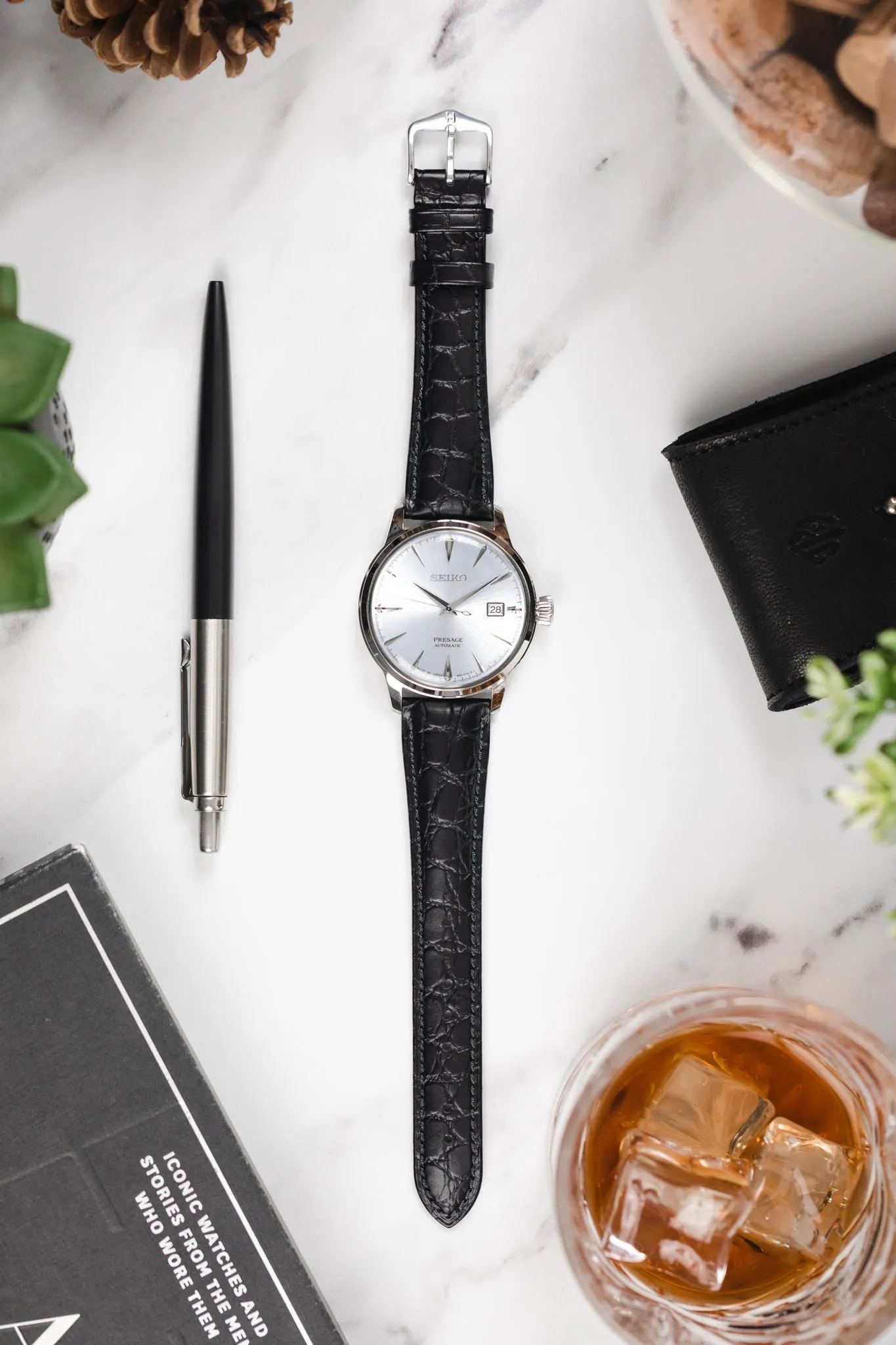 Hirsch ARISTOCRAT Croco-Embossed Leather Watch Strap in BLACK