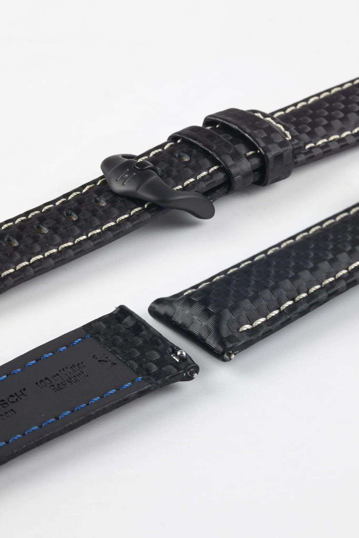 Hirsch CARBON Black Embossed Water-Resistant Leather Watch Strap