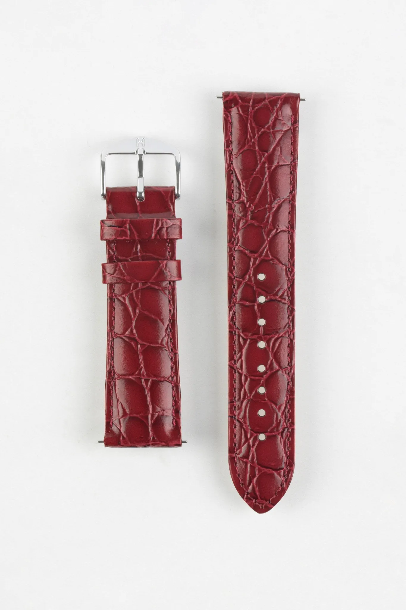 Hirsch CROCOGRAIN Crocodile Embossed Leather Watch Strap in BURGUNDY