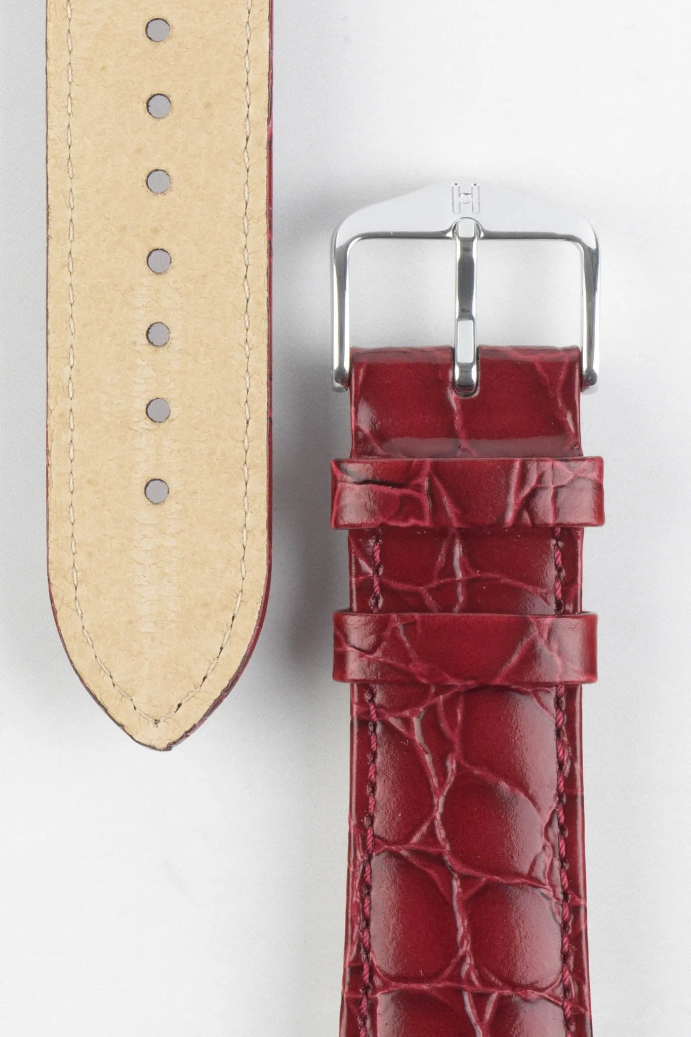 Hirsch CROCOGRAIN Crocodile Embossed Leather Watch Strap in BURGUNDY
