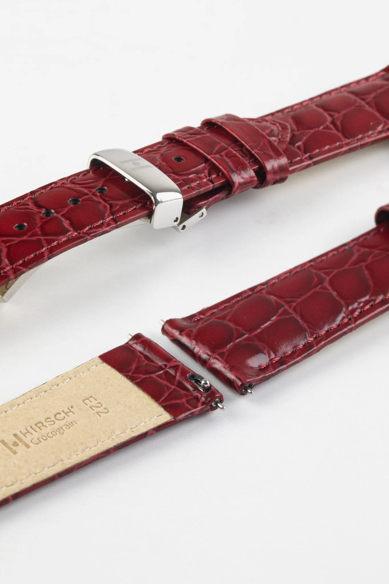 Hirsch CROCOGRAIN Crocodile Embossed Leather Watch Strap in BURGUNDY