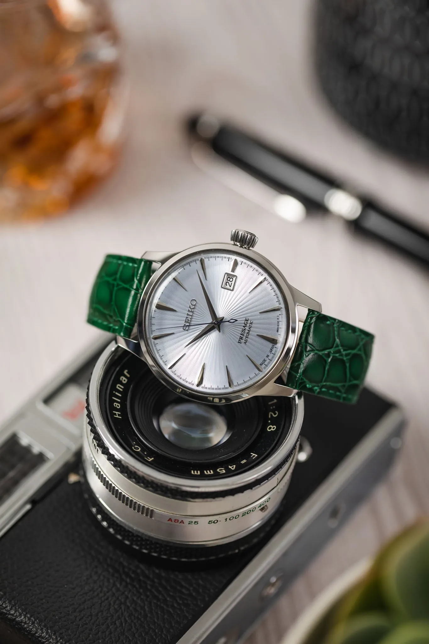 Hirsch CROCOGRAIN NQR Crocodile Embossed Leather Watch Strap in GREEN