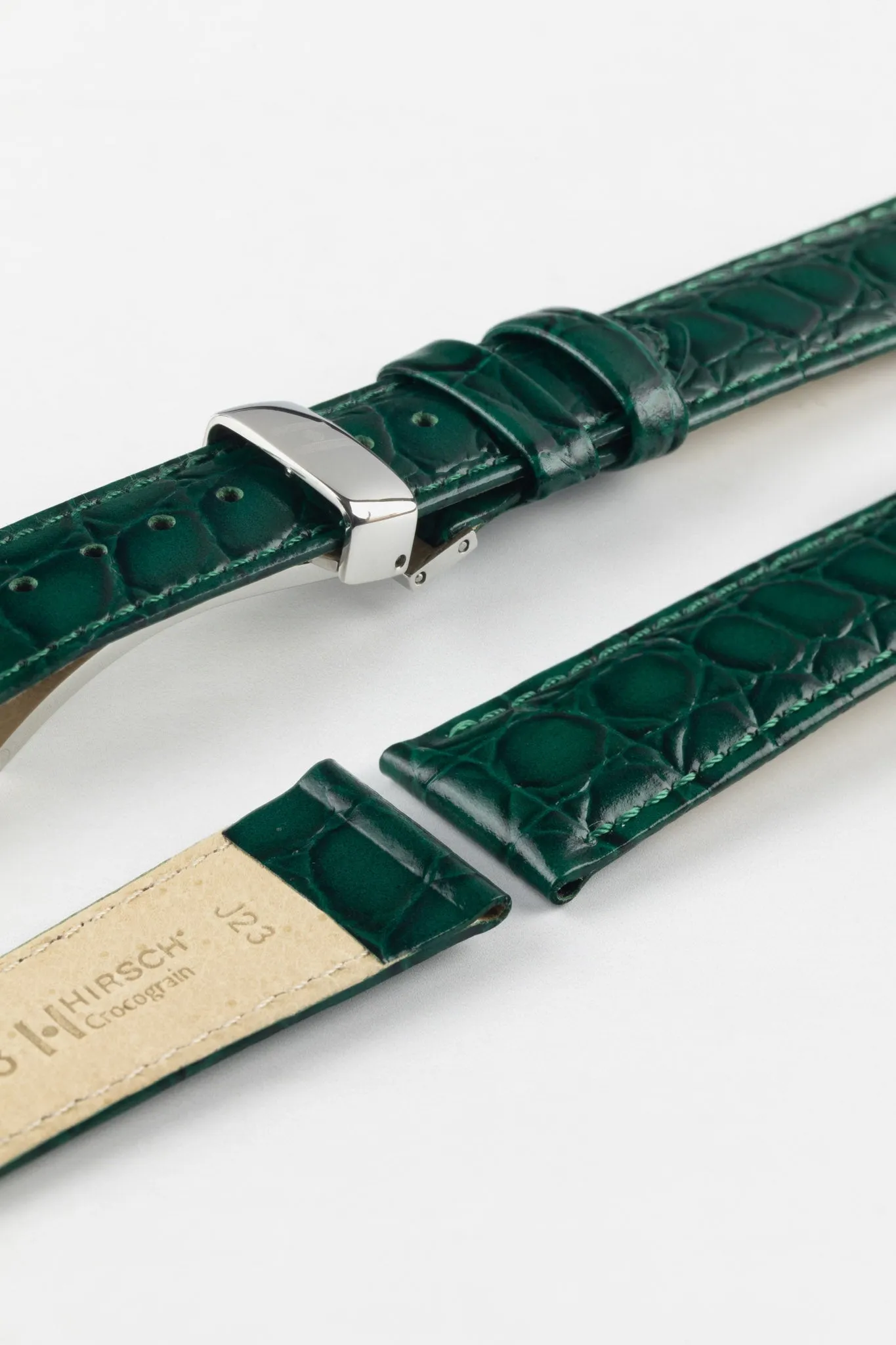 Hirsch CROCOGRAIN NQR Crocodile Embossed Leather Watch Strap in GREEN